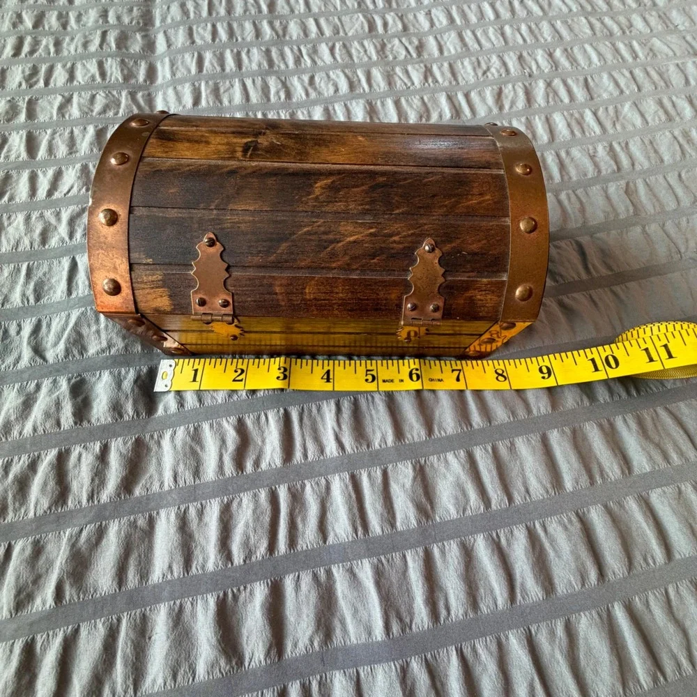 Vintage Wooden Treasure Chest Jewelry Box Burgundy Velvet Lining Copper Trim